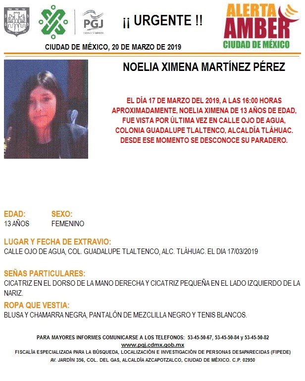 Foto Alerta Amber Noelia Ximena Martínez Pérez 20 marzo 2019