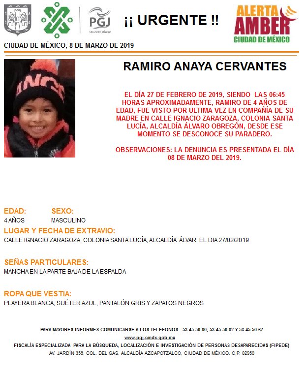 Foto: Alerta Amber para localizar a Ramiro Anaya Cervantes 8 marzo 2019