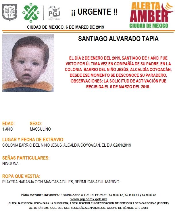 Foto: Alerta Amber para localizar a Santiago Alvarado Tapia 7 marzo 2019
