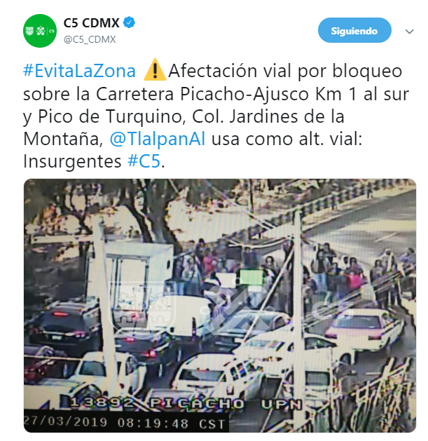 FOTO Bloqueo en carretera Picacho-Ajusco desata caos vial; vecinos exigen agua (Noticieros Televisa 27 de marzo 2019 cdmx)