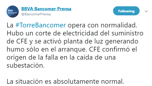 IMAGEN Se registra columna de humo en Torre Bancomer CDMX (Twitter Bancomer Prensa 14 marzo 2019