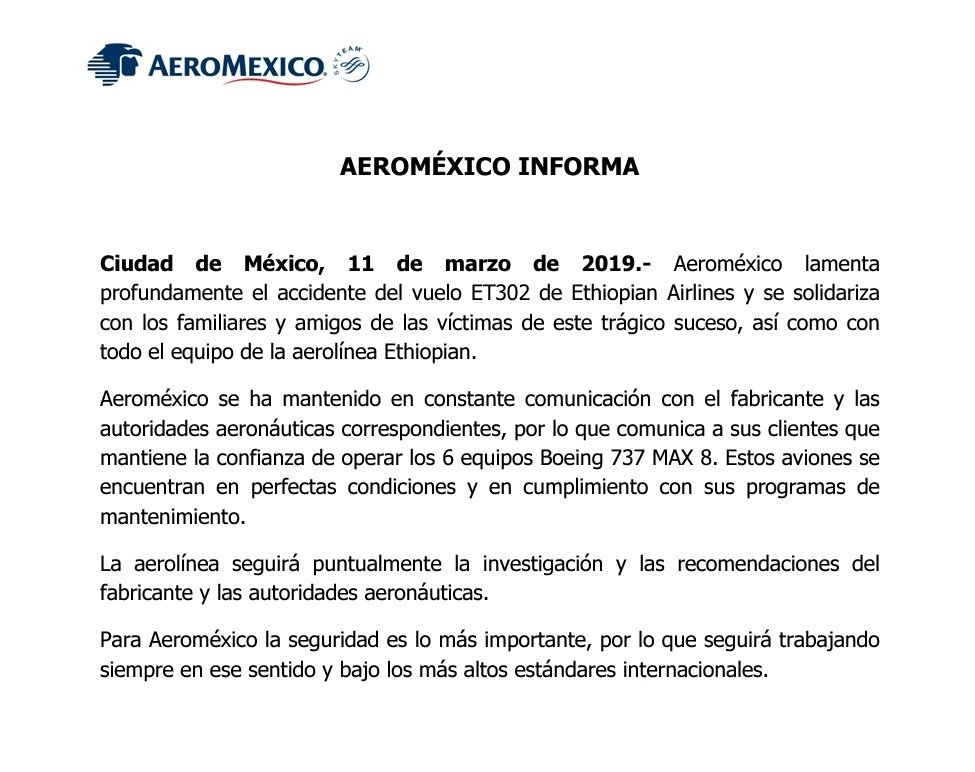 Foto Comunicado de Aeroméxico sobre el uso de los vuelos 11 marzo 2019
