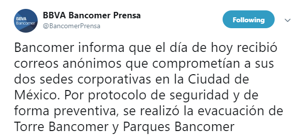Desalojan edificio por amenaza de artefacto explosivo (Twitter Bancomer Prensa)