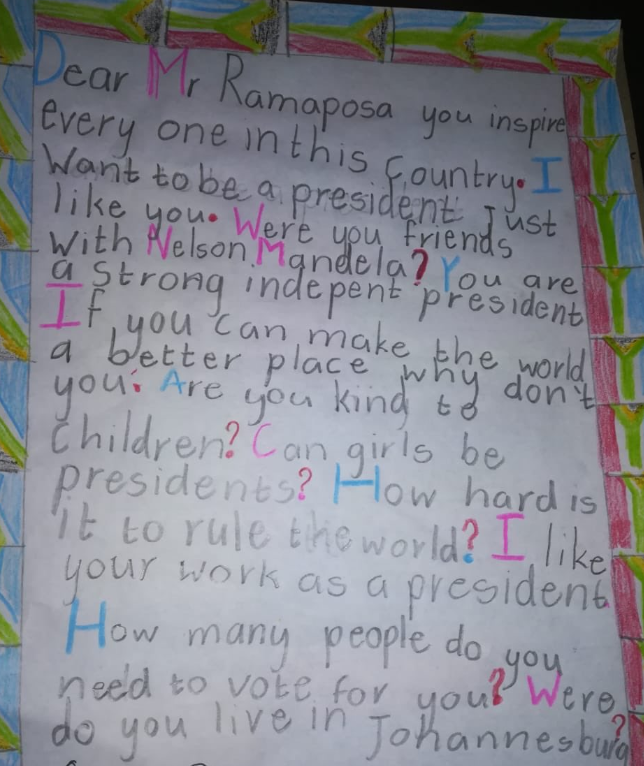 FOTO En carta, niña pregunta si puede ser presidenta en Sudáfrica Twitter @CyrilRamaphosa 7 marzo 2019 sudafrica