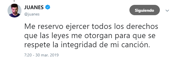 IMAGEN Juanes denuncia al partido de ultraderecha Vox por manipular "A Dios le pido" (Twitter 30 marzo 2019)
