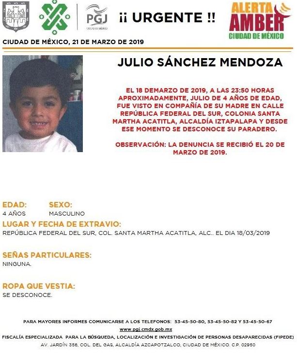 Foto: Activan Alerta Amber para localizar a Julio Sánchez Mendoza en CDMX, 21 marzo 2019