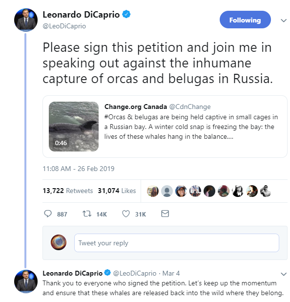 IMAGEN Leonardo DiCaprio expone a Rusia por cárcel de ballenas Twitter 4 marzo 2019