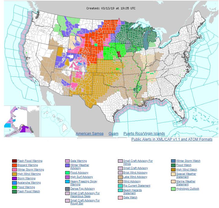 Mapa con las distintas alertas climáticas para los distritos de Estados Unidos (Weather.gov)