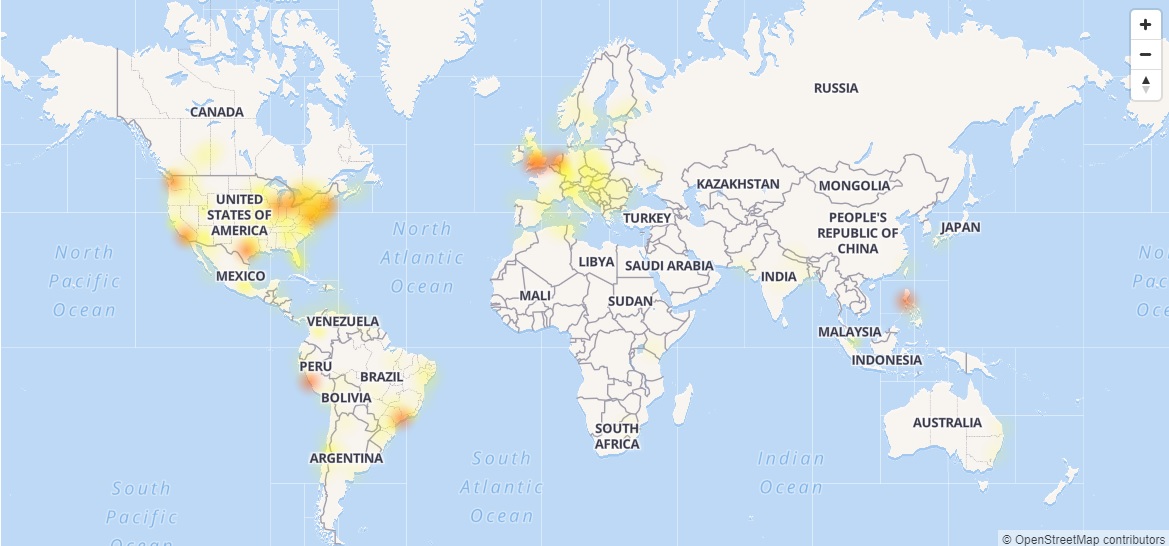 Mapa de las zonas en donde más se presentan errores en Facebook (OutageReport)