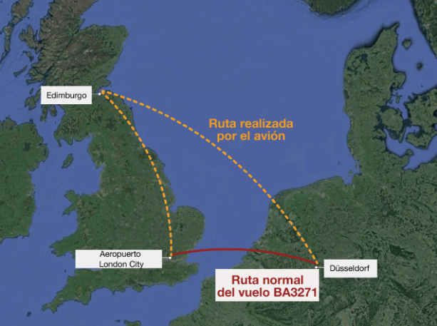 Foto: Mapa de ruta equivocada de vuelo de British Airways, 26 de marzo de 2019, Londres