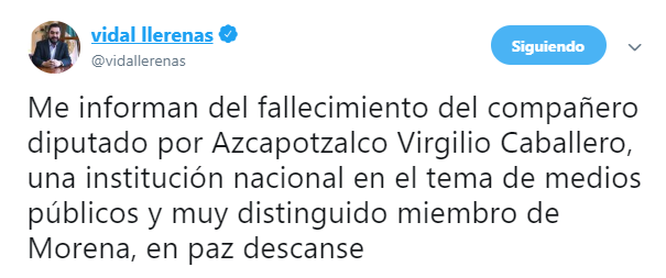 IMAGEN Muere Virgilio Caballero, diputado de Morena por Azcapotzalco (Twitter 25 marzo 2019 cdmx)