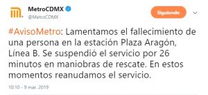Foto: Una persona murió en la estación Plaza Aragón, al caer a las vías del Metro, marzo 9 de 2019 (Twitter: @MetroCDMX)