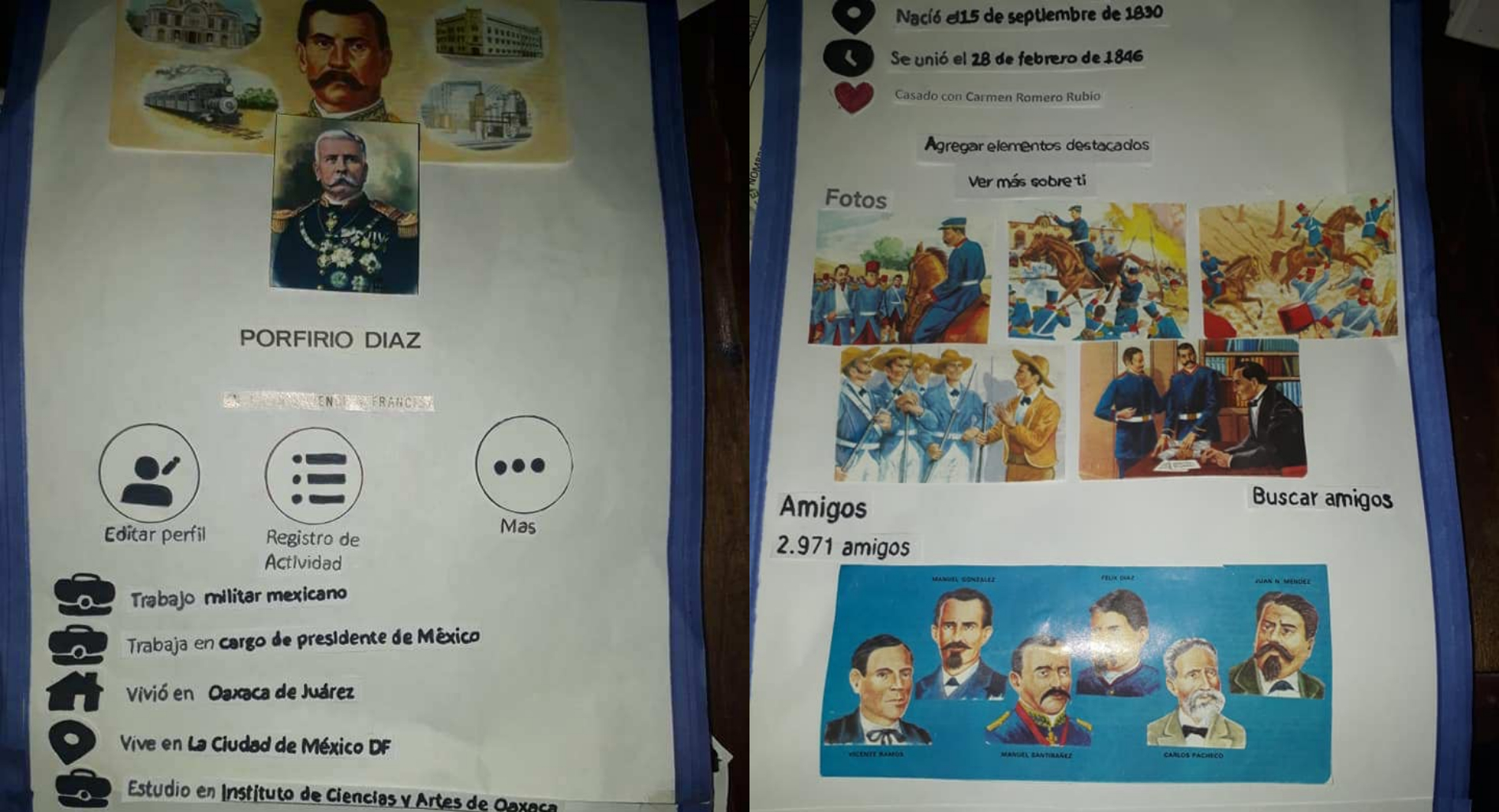 Niño presenta biografía de Porfirio Díaz con imágenes de un perfil de Facebook
