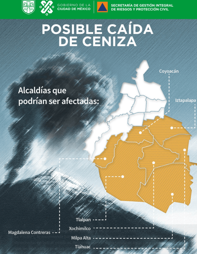 IMAGEN Prevén caída de ceniza del Popocatépetl en siete alcaldías de la CDMX @SGIRPC_CDMX 6 marzo 2019