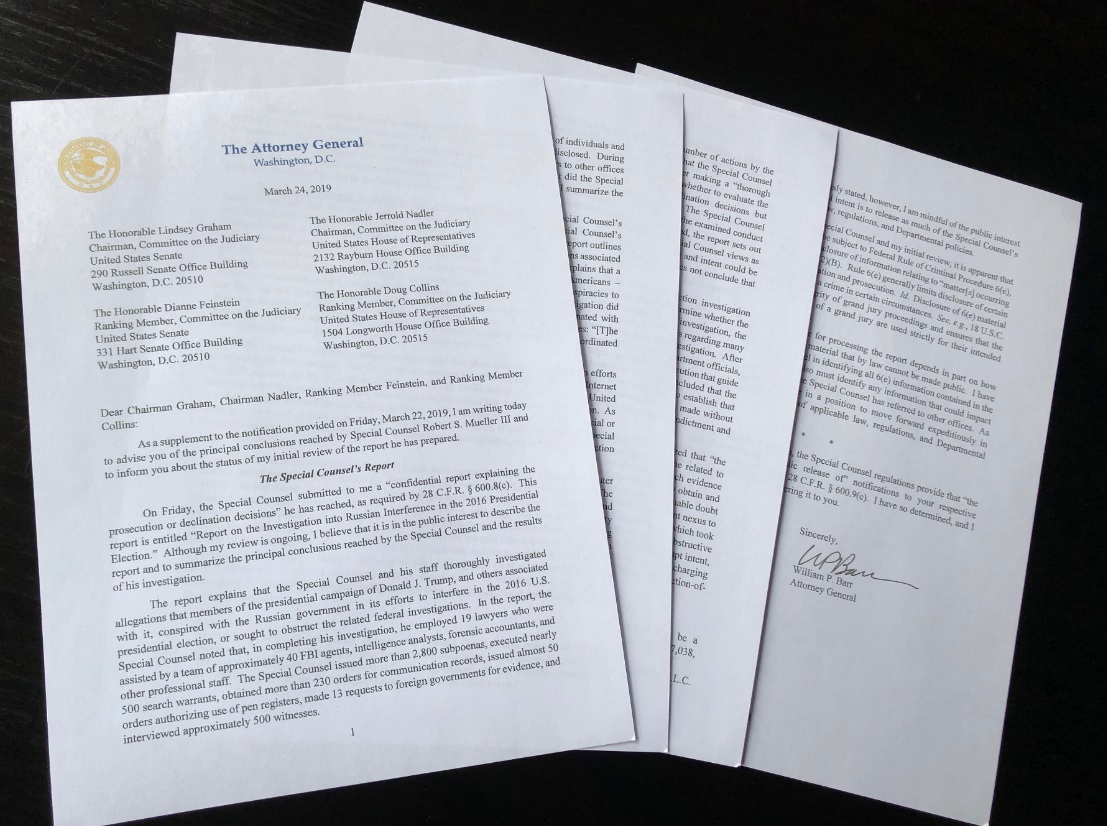 Foto: Carta del Fiscal General de EU, William Barr, a los líderes del Congreso de los Estados Unidos sobre el Informe Mueller, marzo 24 de 2019 (Reuters)