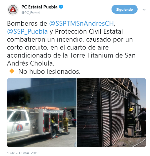 FOTO Se registra incendio en la Torre Titanium de San Andrés Cholula, Puebla (Twitter @PC_Estatal 12 marzo 2019