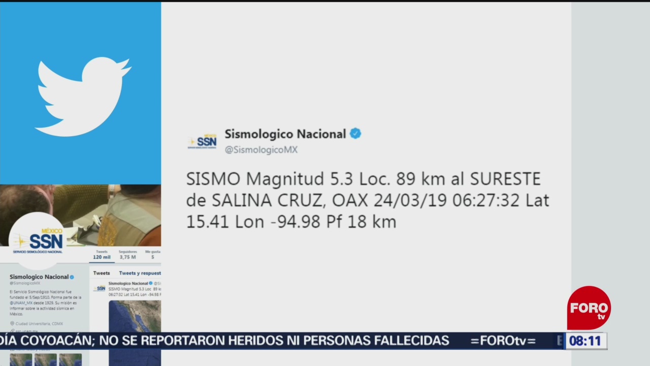 FOTO:Se registra sismo de magnitud 5.3 en Oaxaca, 24 Marzo 2019