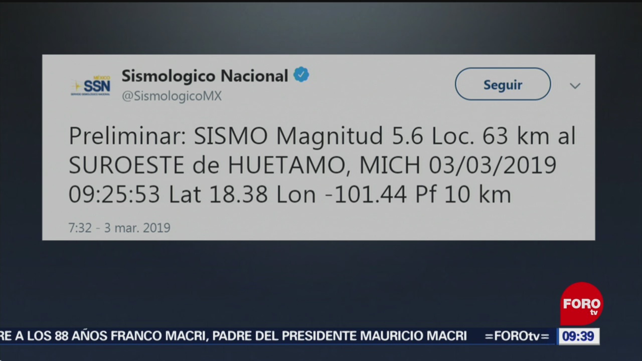 FOTO: Se registra sismo magnitud en Michoacán, 3 marzo 2019