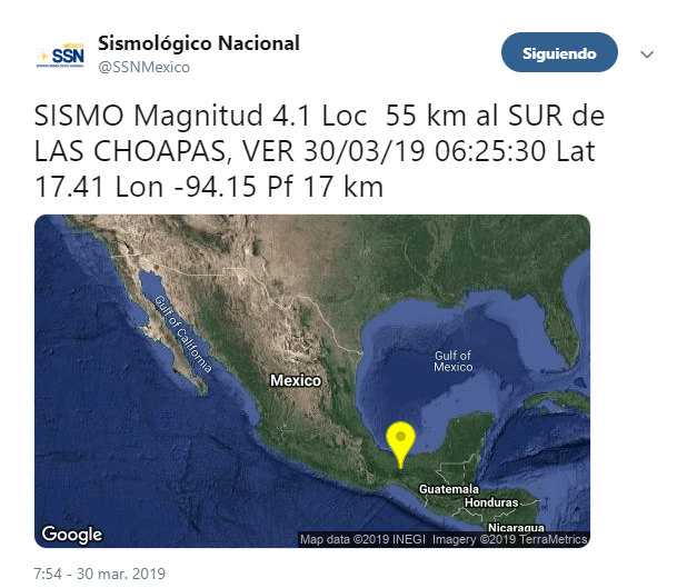 IMAGEN Sismo de magnitud 4.1 se registra en Las Choapas, Veracruz (SSN 30 marzo 2019 veracruz)