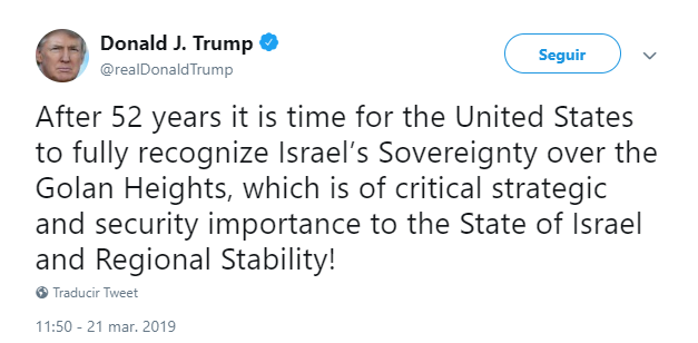 Imagen: Trump tuitea sobre los Altos del Golán, 21 de marzo de 2019, Estados Unidos
