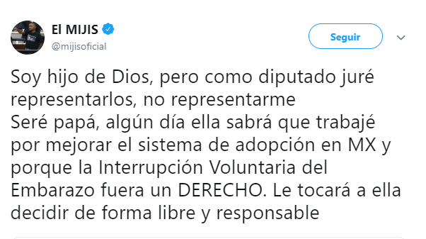 Imagen: Tuit de 'El Mijis' sobre el aborto, 21 de marzo de 2019, México 