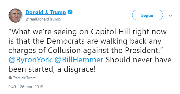 Foto: Tuit de Trump sobre los demócratas, 26 de marzo de 2019, Estados Unidos