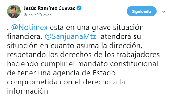 IMAGEN Corresponsales de Notimex denuncian suspensión de salarios (Twitter @JesusRCuevas 18 marzo 2019 cdmx)