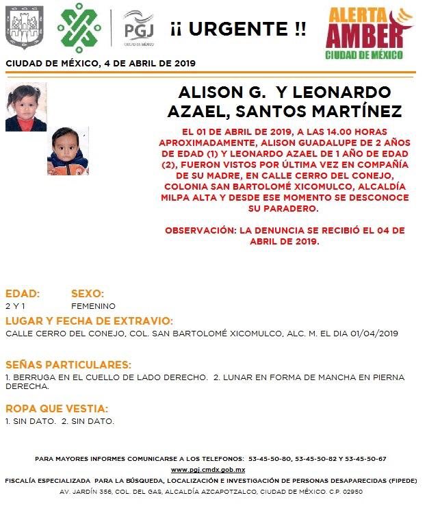 Foto Alerta Amber para localizar a Alison Guadalupe y Leonardo Azael Santos Martinez. 5 abril 2019