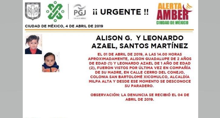 Alerta Amber para localizar a Alison Guadalupe y Leonardo Azael Santos Martinez