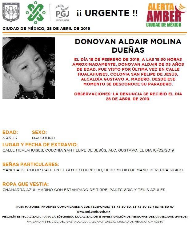 Foto Alerta Amber para localizar a Donovan Aldair Molina Dueña 29 abril 2019