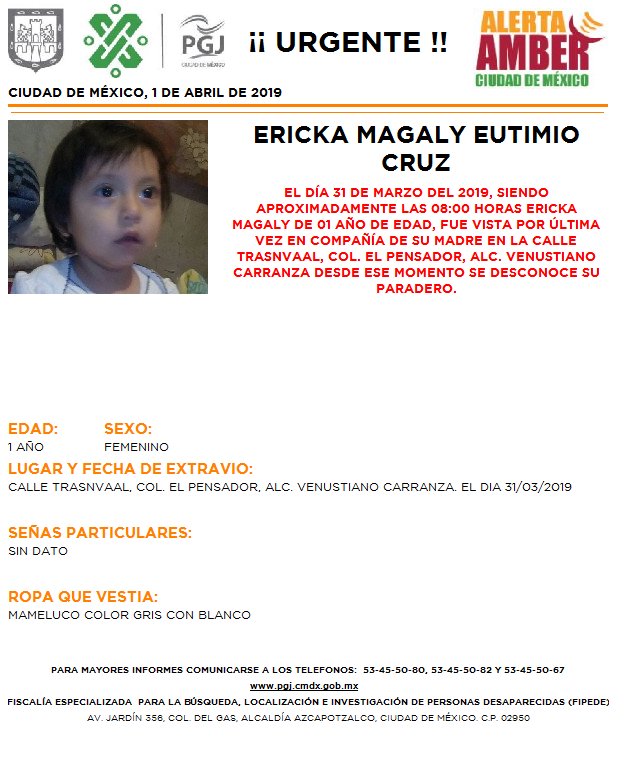 Foto: Alerta Amber para localizar a Ericka Magaly Eutimio Cruz 1 abril 2019