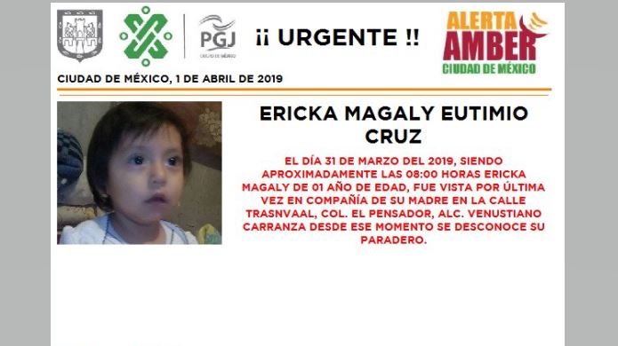 Foto: Alerta Amber para localizar a Ericka Magaly Eutimio Cruz 1 abril 2019