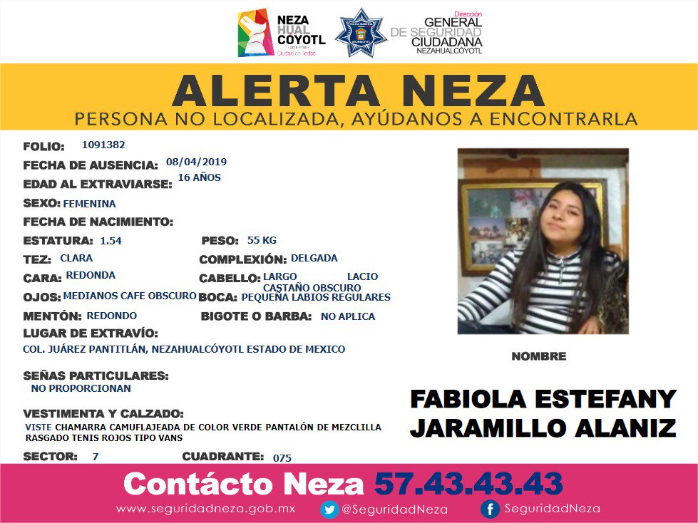 Foto Alerta para localizar a Fabiola Estefany Jaramillo Alanís 9 abril 2019