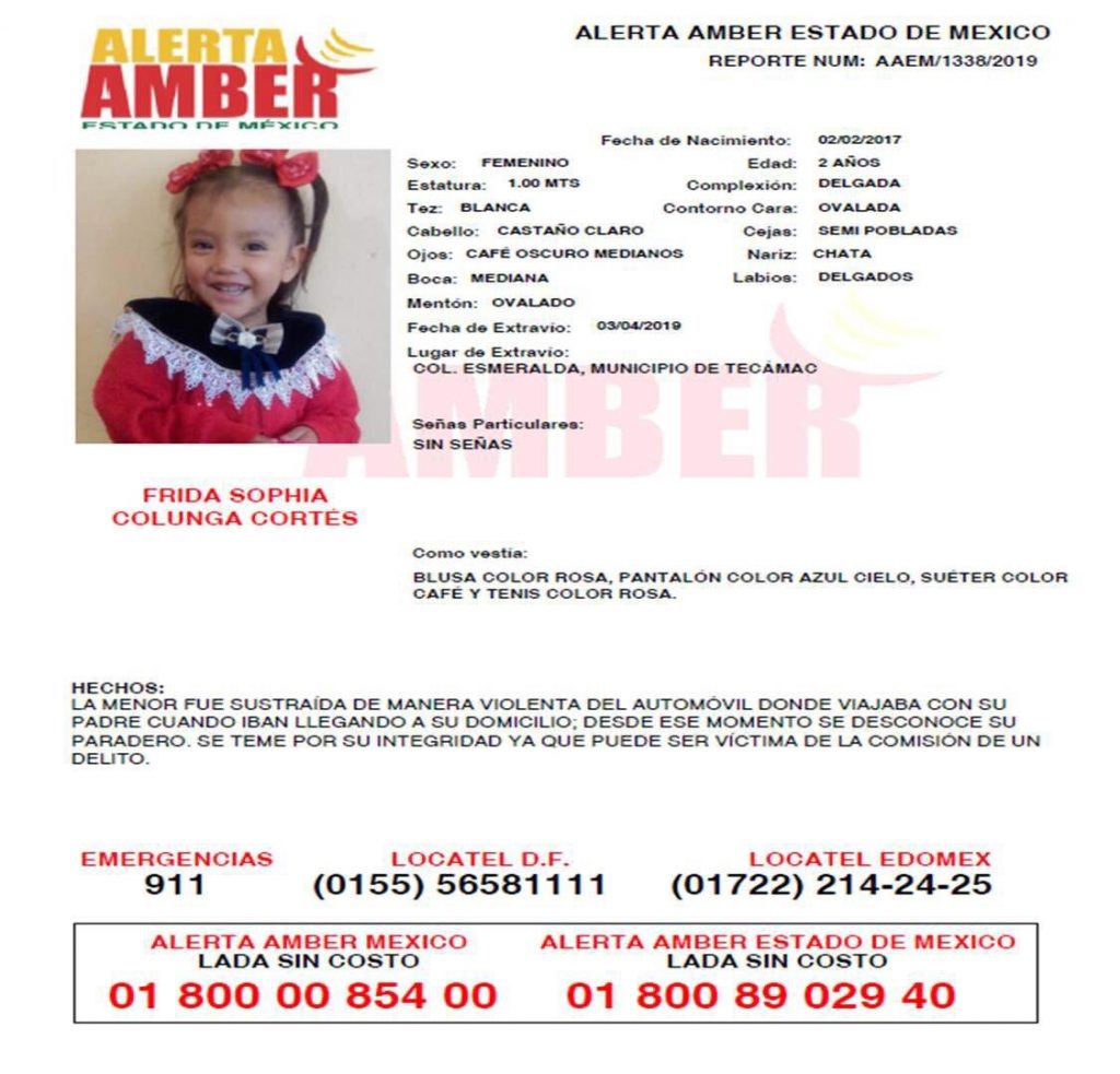 Foto Alerta Amber para localizar a Frida Sophia Colunga Cortés 4 abril 2019