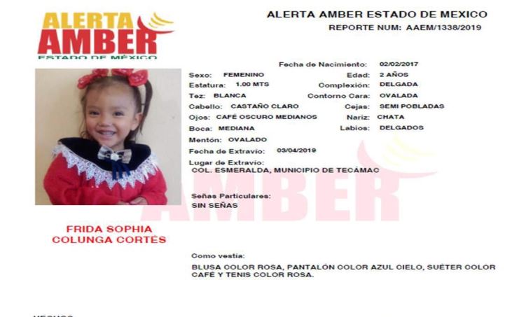 Foto Alerta Amber para localizar a Frida Sophia Colunga Cortés 4 abril 2019