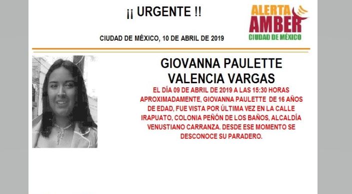 Alerta Amber: Ayuda a localizar a Giovanna Paulette Valencia Vargas