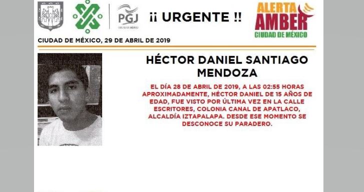 Foto Alerta Amber para localizar a Héctor Daniel Santiago Mendoza 29 abril 2018