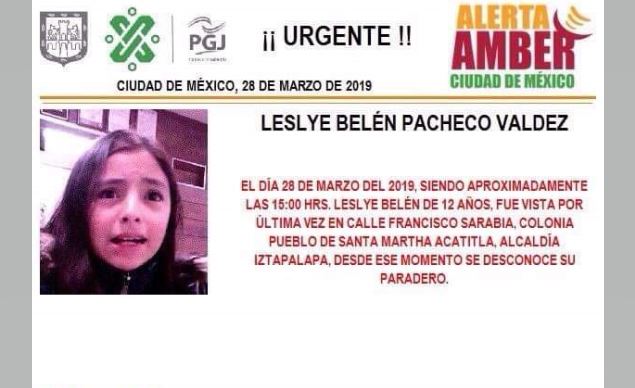 Foto Alerta Amber para localizar a Leslye Belén Pacheco Valdez 2 abril 2019
