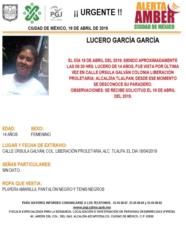 Foto Alerta Amber para localizar a Lucero García García 19 abril 2019