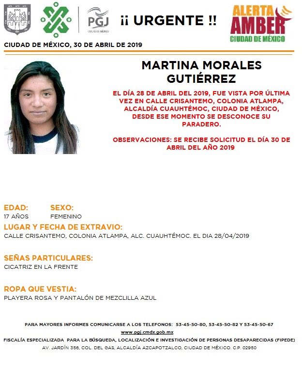 Foto Alerta Amber para localizar a Martina Morales Gutiérrez 30 abril 2019