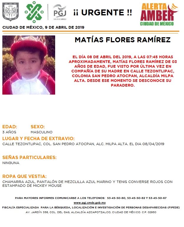 Foto Alerta Amber para localizar a Matías Flores Ramírez 9 abril 2019