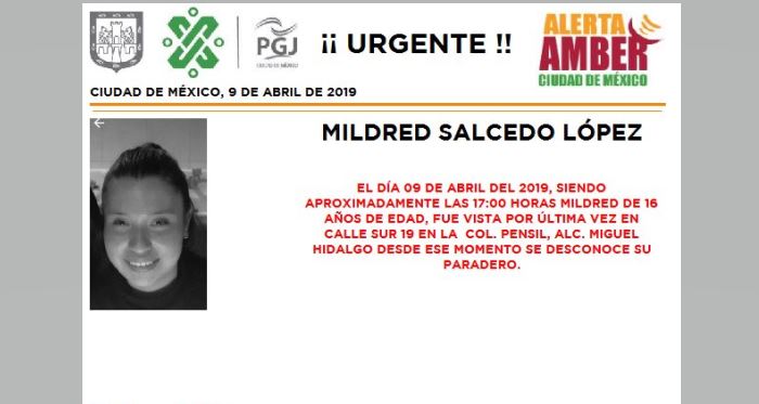 Foto Alerta Amber para localizar a Mildred Salcedo López 10 abril 2019