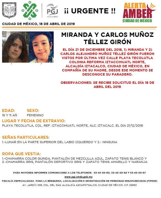 Foto Alerta Amber para localizar a Miranda y Carlos Muñoz Téllez 18 abril 2019