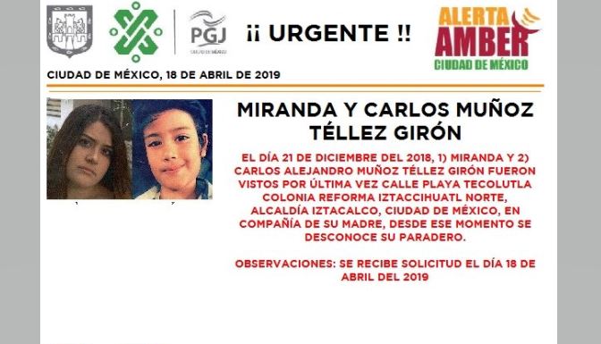 Alerta Amber: Ayuda a localizar a Miranda y Carlos Muñoz Téllez Girón