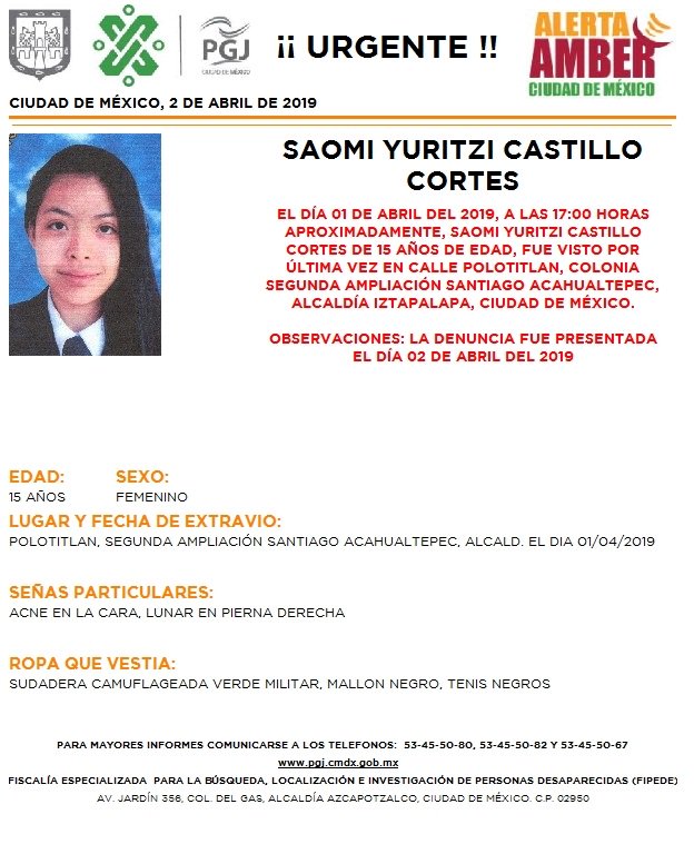 Foto Alerta Amber para localizar a Saomi Yuritzi Castillo Cortés 3 abril 2019