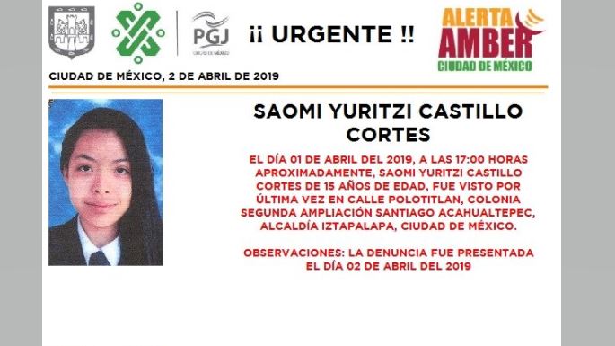 Foto Alerta Amber para localizar a Saomi Yuritzi Castillo Cortés 3 abril 2019