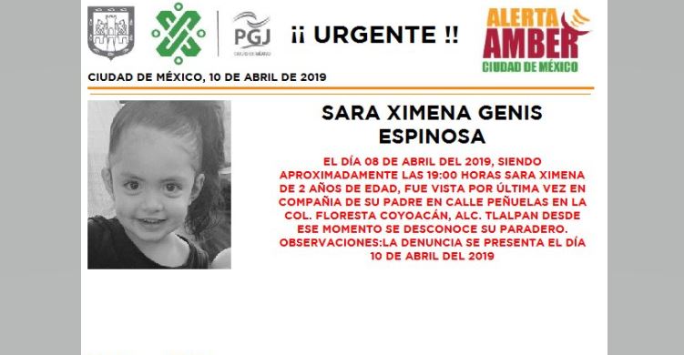 Foto Alerta Amber para localizar a Sara Ximena Genis Espinosa 10 abril 2019