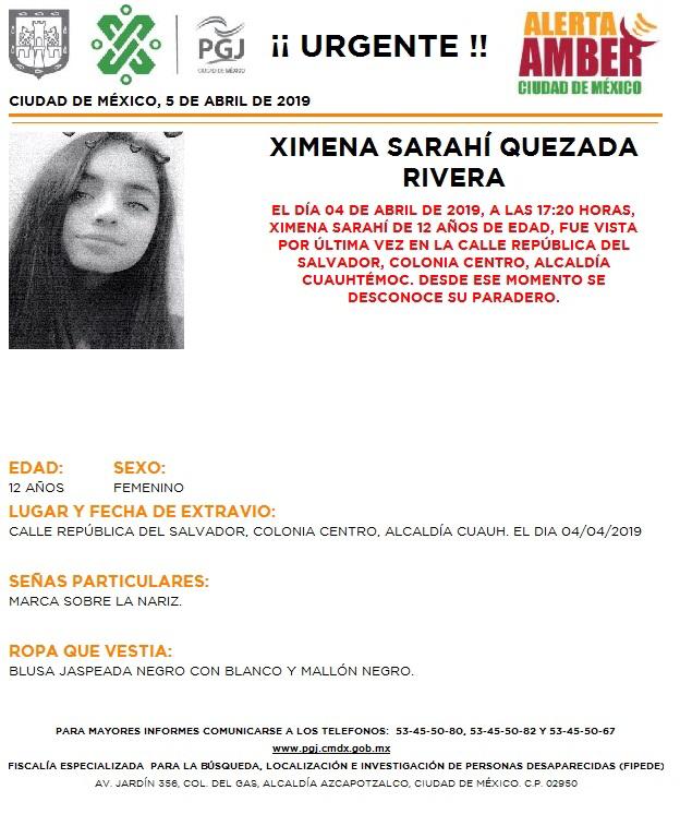 Foto Alerta Amber para localizar a Ximena Sarahí Quezada Rivera 5 abril 2019