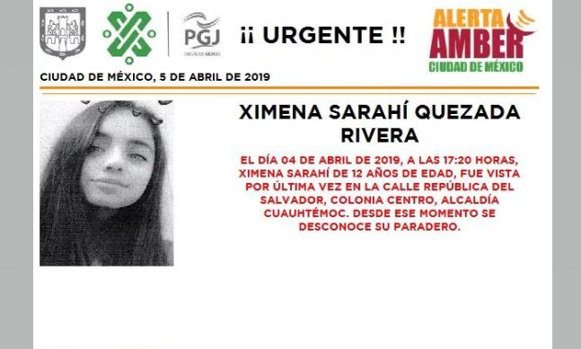 Foto Alerta Amber para localizar a Ximena Sarahí Quezada Rivera 5 abril 2019