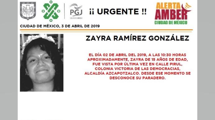 Alerta Amber: Ayuda a localizar a Zayra Ramírez González